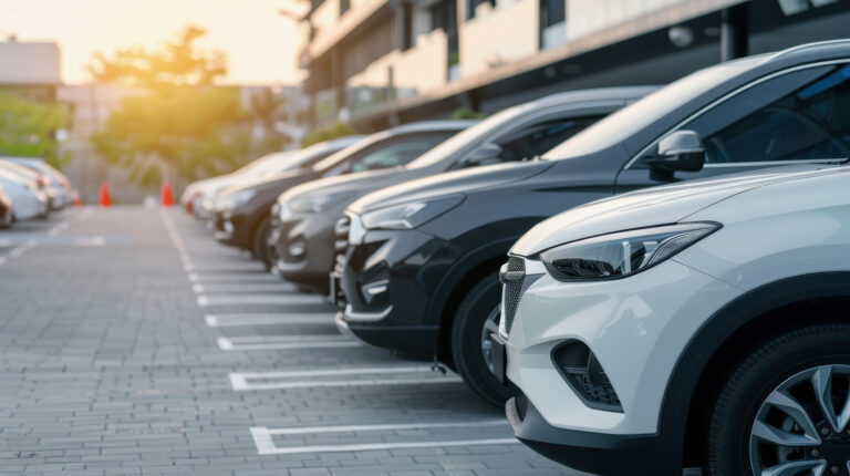 An outdoor parking area filled with various vehicles neatly parked
